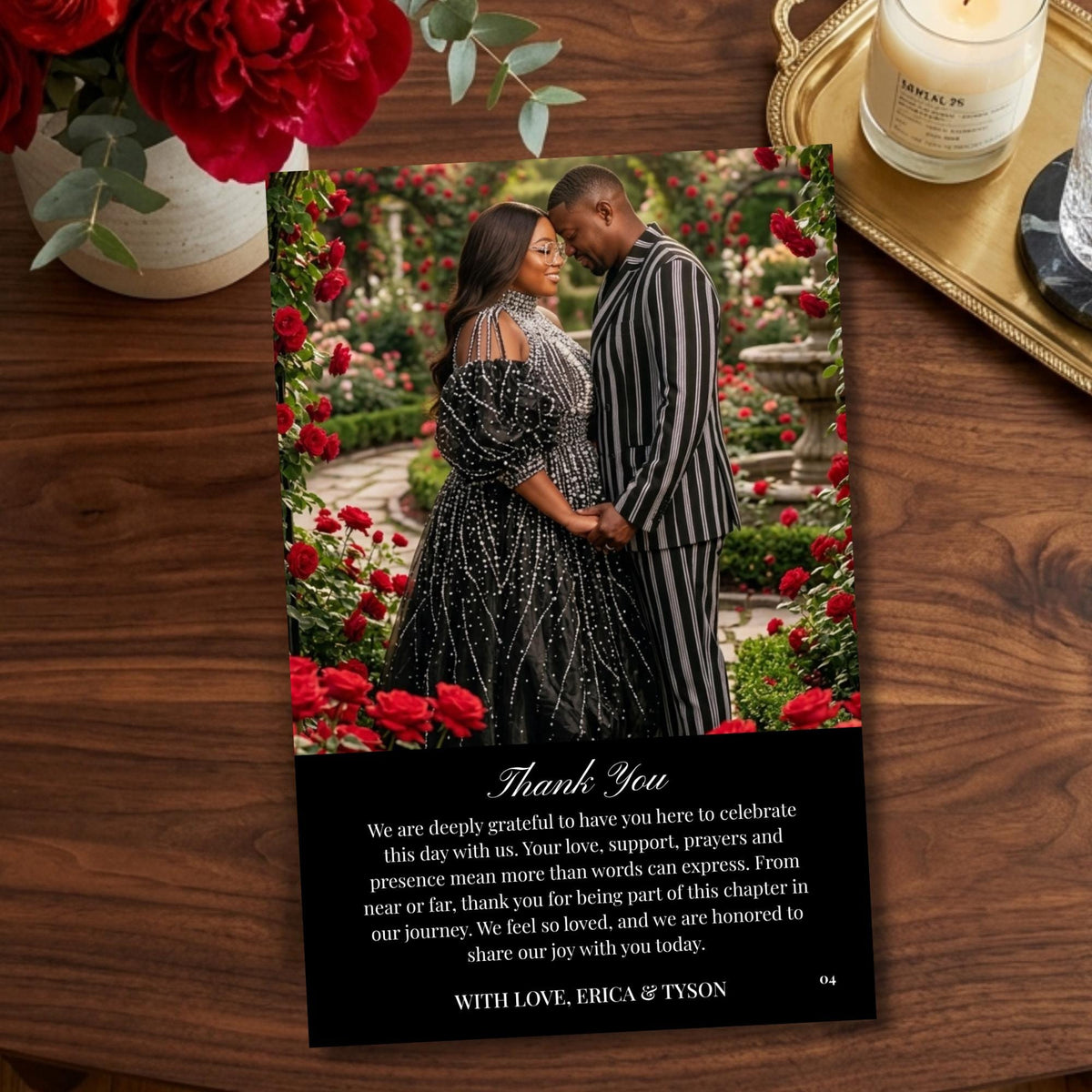 Wedding program Thank You page with couple photo, black footer text, red floral border