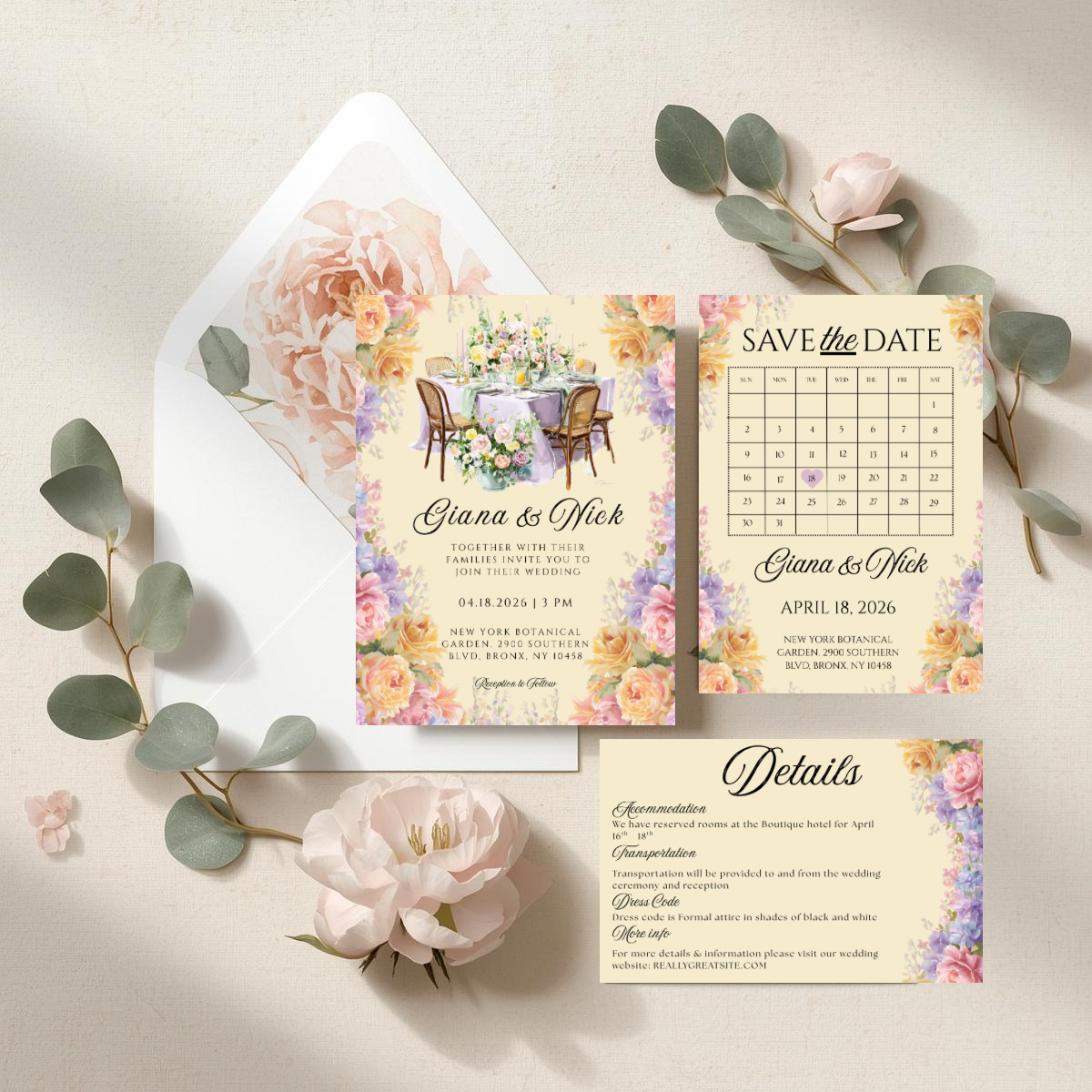 Romantic Floral Wedding Invitation Suite Canva Template | Editable Save the Date, RSVP, Details, Thank You