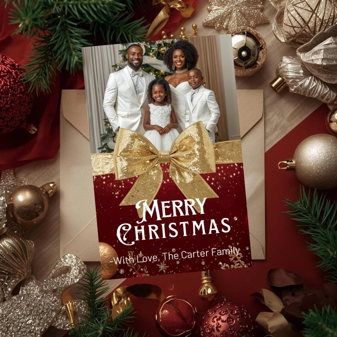 Christmas photo card template with gold bow, family portrait, and 'Merry Christmas' lettering