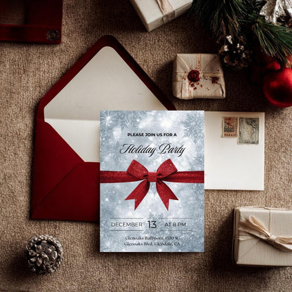 Classic Holiday Party Invitation | Red Bow & Snowflakes Canva Template