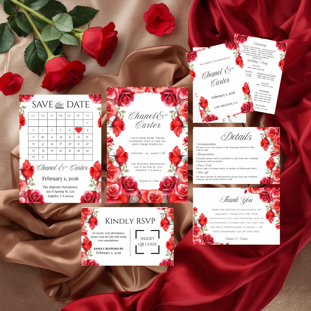 Red Rose Wedding Invitation Suite Template | Romantic Floral Wedding Suite | Editable Canva Wedding Invitations | Printable Invite Set