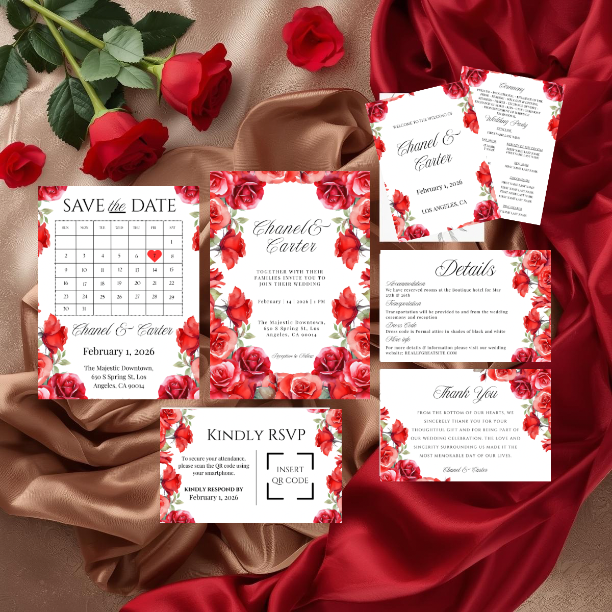 Red Rose Wedding Invitation Suite Template | Romantic Floral Wedding Suite | Editable Canva Wedding Invitations | Printable Invite Set