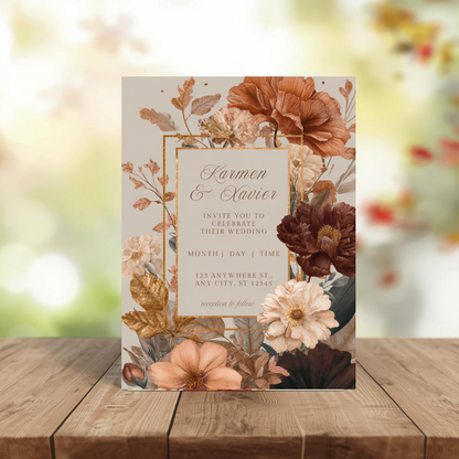 Autumn Floral Wedding Invitation Template | Rust & Cream Printable | Elegant Canva Design