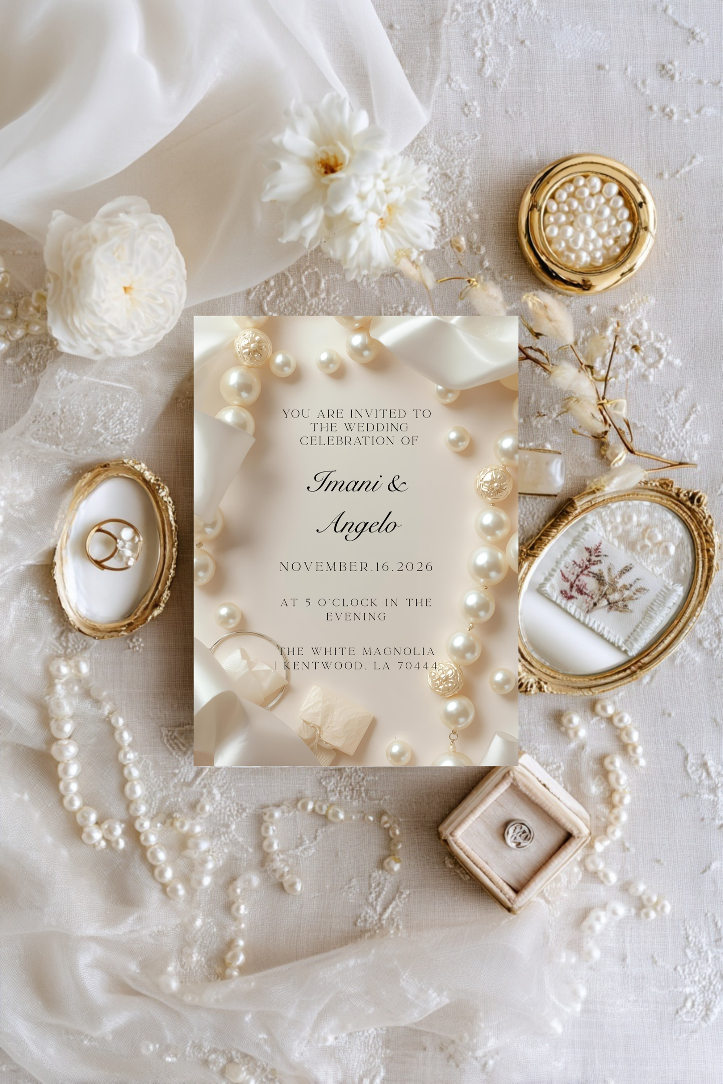 Modern Pearl Satin Wedding Invitation | Chic Elegant Bridal Template | Editable Canva Wedding Suite