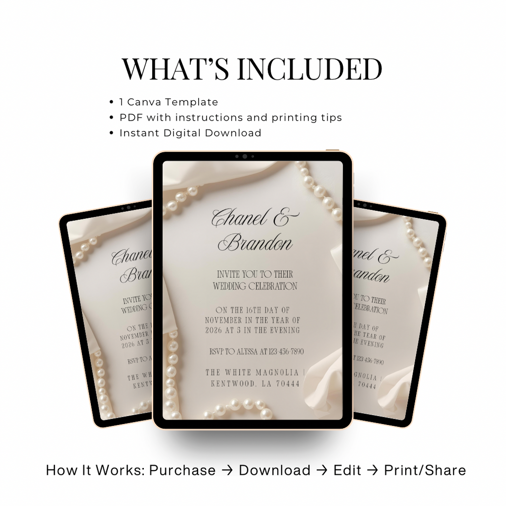 Minimal Pearl Wedding Invitation Template | Modern Elegant Bridal Suite | Editable Canva Invitation