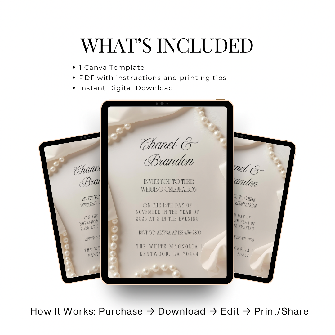 Minimal Pearl Wedding Invitation Template | Modern Elegant Bridal Suite | Editable Canva Invitation