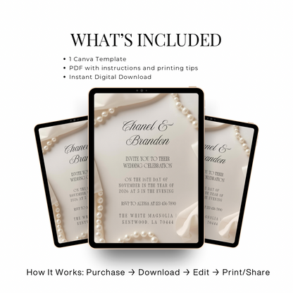 Minimal Pearl Wedding Invitation Template | Modern Elegant Bridal Suite | Editable Canva Invitation