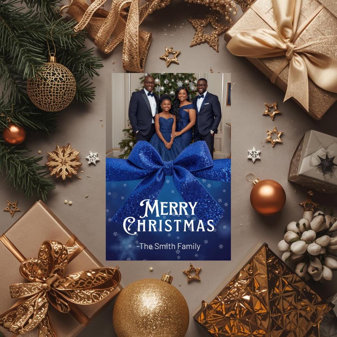 Royal blue Merry Christmas photo card with bow ribbon and family portrait at center
