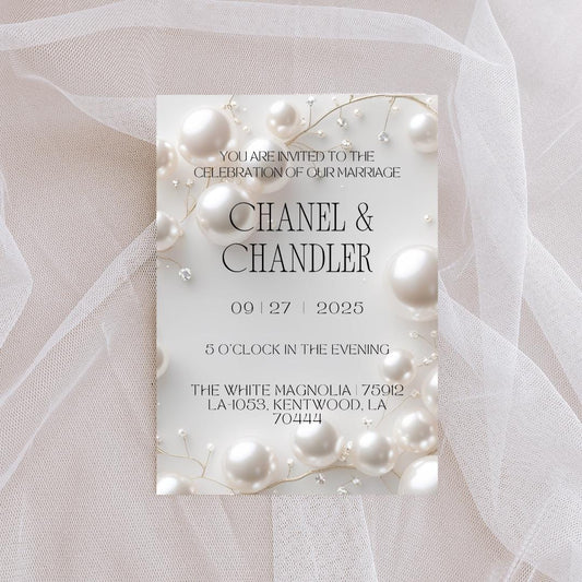 Editable Pearl Wedding Invitation Template | Elegant Modern Bridal Invite | White & Ivory Luxe Canva Design | Instant Download