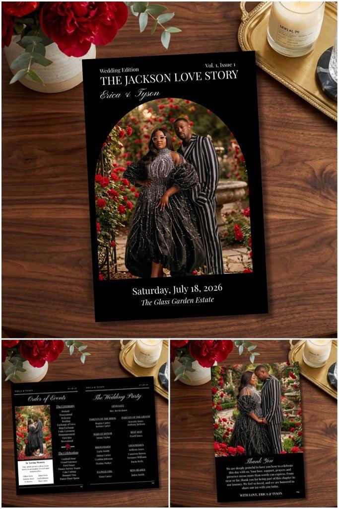 Wedding program magazine cover template with arch photo and event date, black design