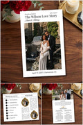 Wedding program magazine cover with couple photo, title, and date at the bottom