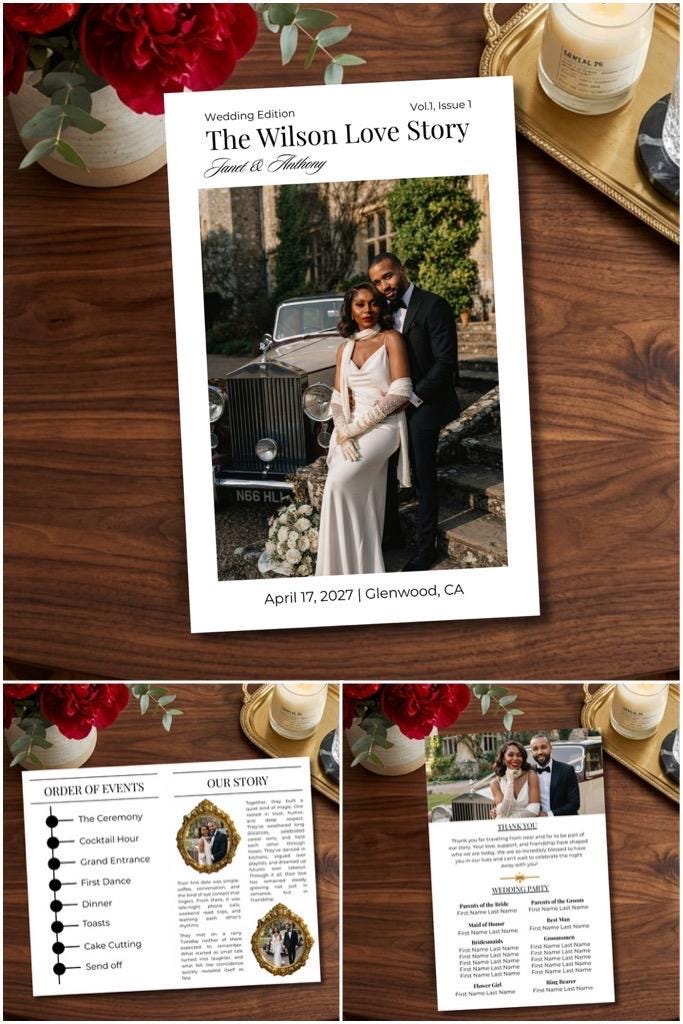 Wedding program magazine cover with couple photo, title, and date at the bottom