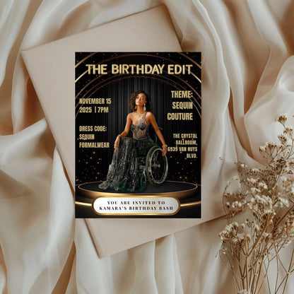 Black & Gold Magazine Birthday Invitation | Glam Party, Sequin Couture (Editable Canva Template)