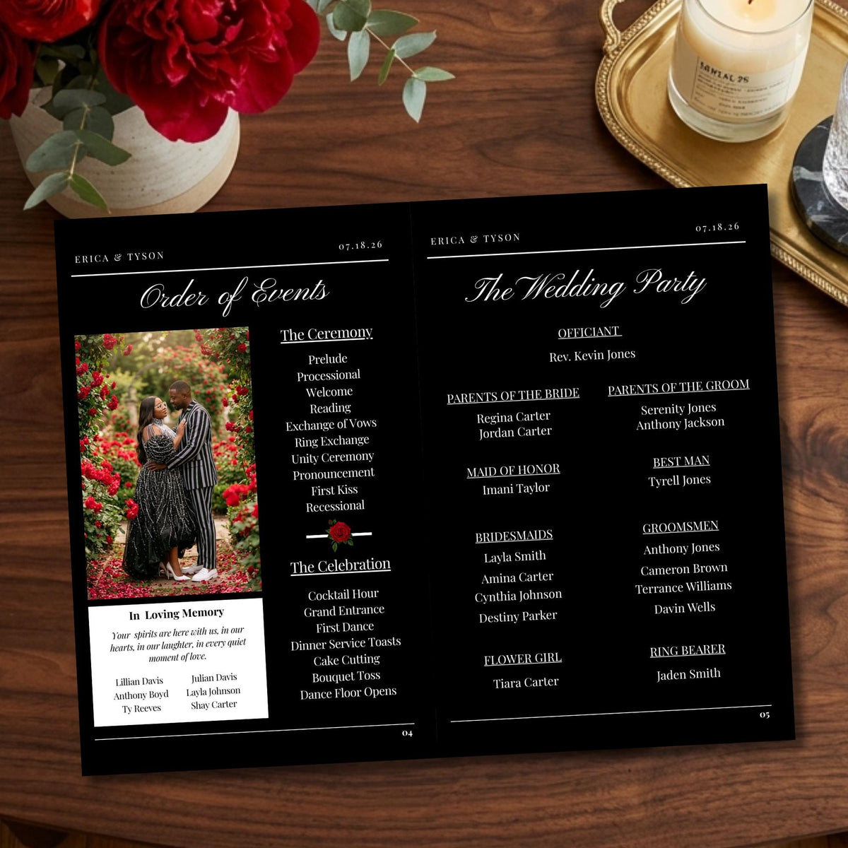 Black wedding program spread showing order of events and wedding party details