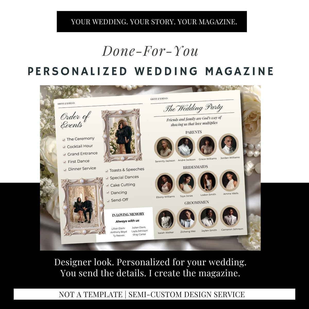 Personalized wedding magazine program, open spread with order-of-events list and portraits