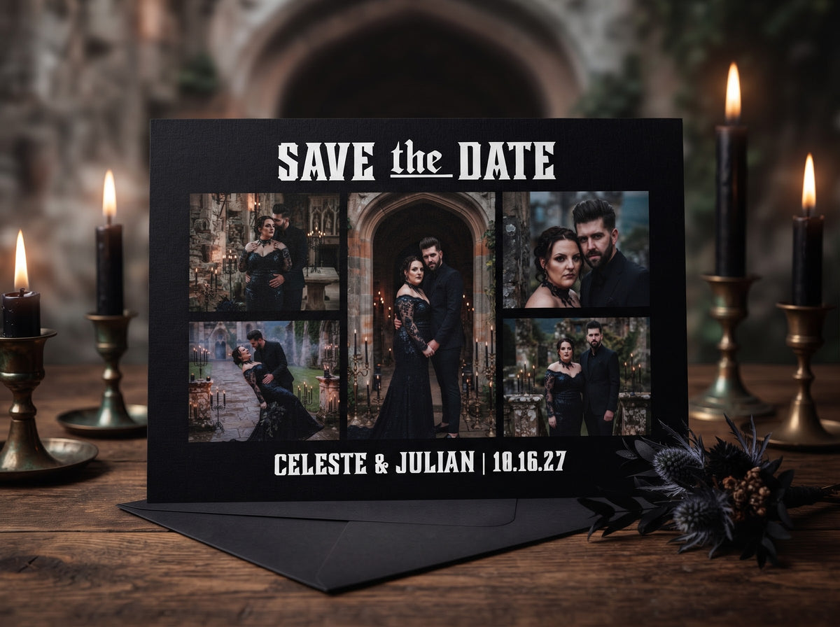 Black Save the Date photo card with photo collage grid and names/date layout