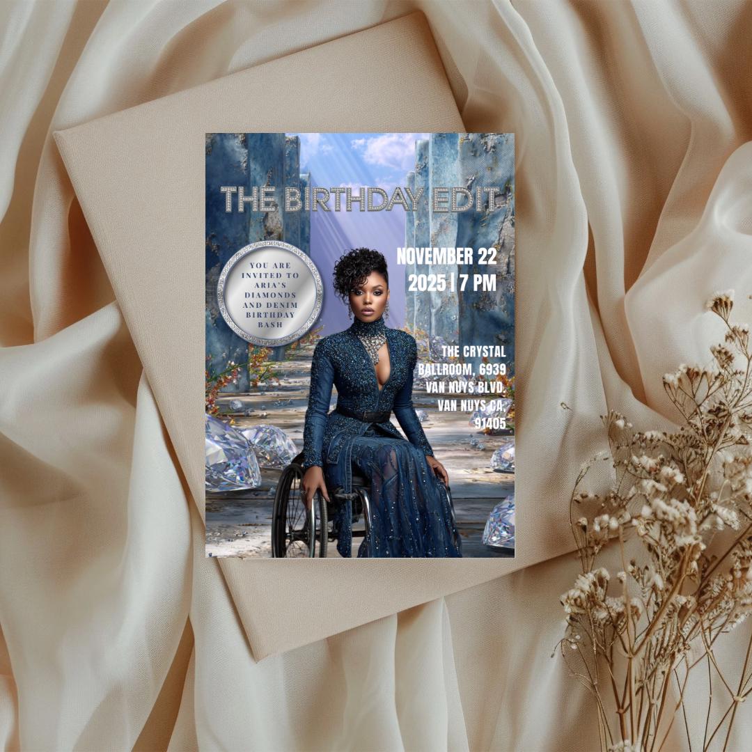 Diamonds and Denim Birthday Invitation | Magazine Style, Glam Party (Digital)