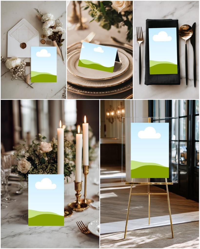 Wedding place card mockup with blue sky, green hills, and white cloud icon