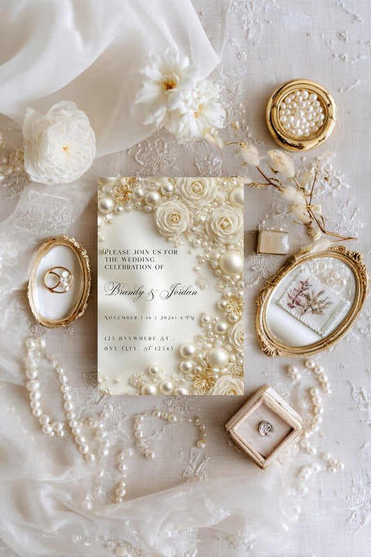 Floral Pearl Wedding Invitation Template | Luxury Glamorous Bridal Invite | Editable Canva Stationery