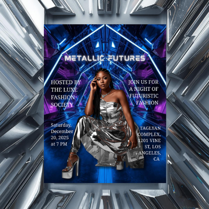 Metallic Futures Flyer Canva Template | Futuristic Fashion Show Flyer | Silver Chrome Event Invitation | Tech Runway Party Flyer | Editable Canva Template