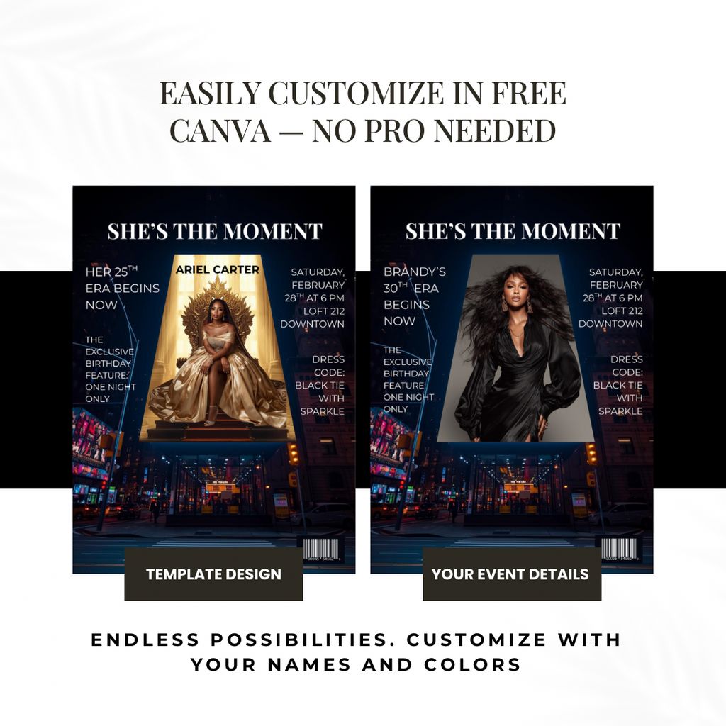 Luxury Editorial Event Invitation Template | Black Tie Birthday, Gala & Milestone Announcement | Canva Magazine-Style Design