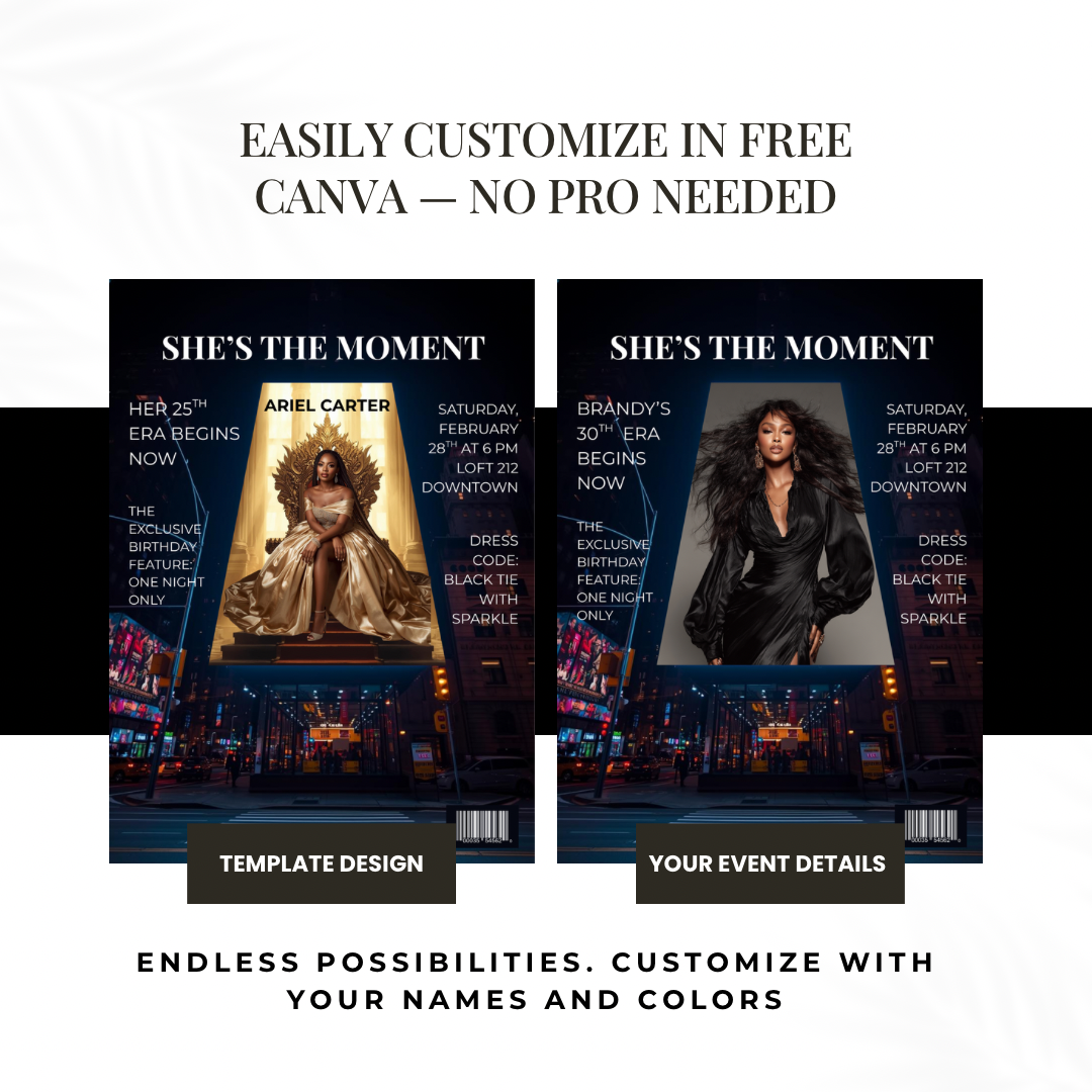 Luxury Editorial Event Invitation Template | Black Tie Birthday, Gala & Milestone Announcement | Canva Magazine-Style Design