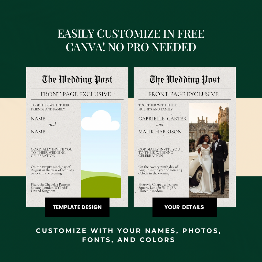 Editorial Newspaper Wedding Invitation Canva Template | Modern Wedding Invite | 5x7 Printable