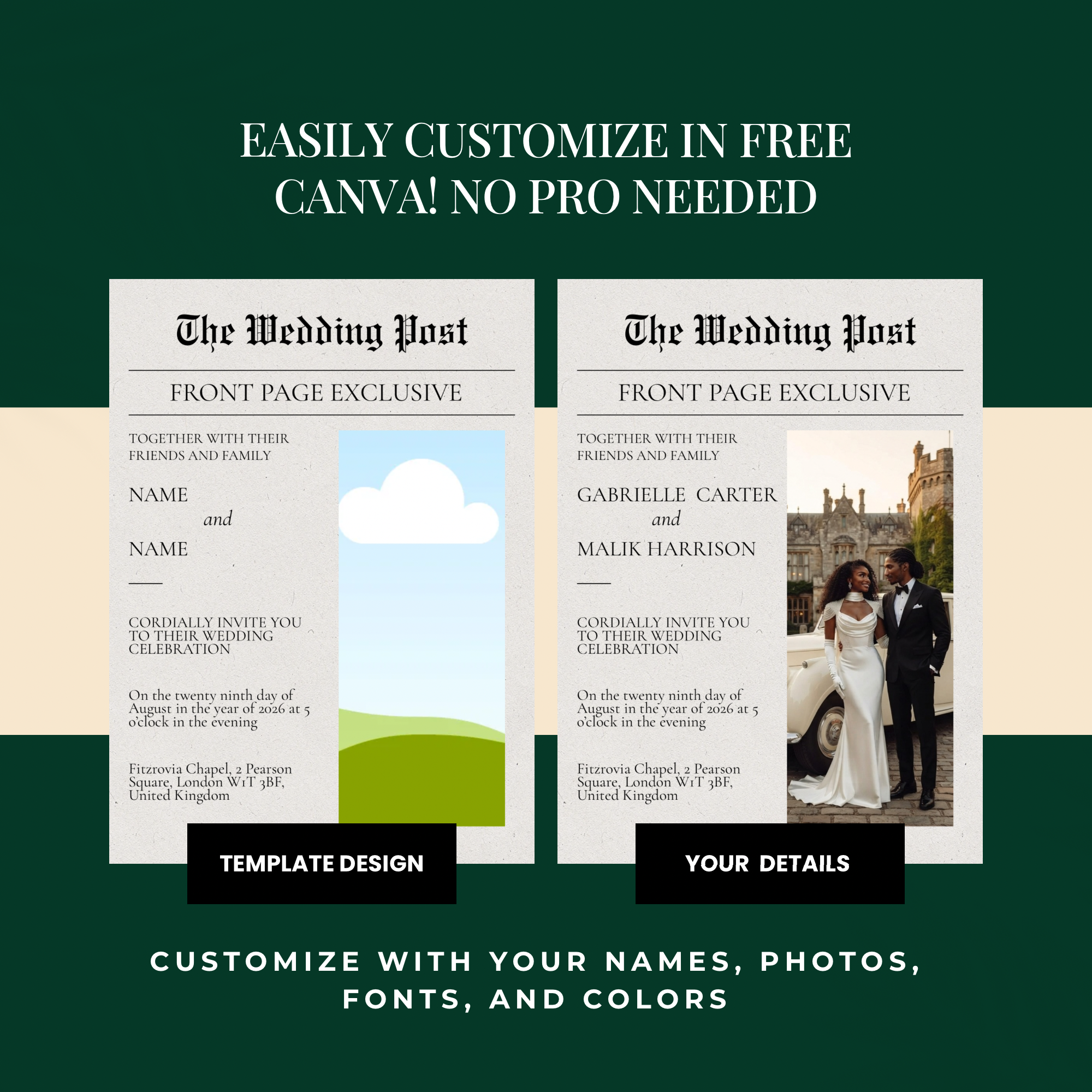 Editorial Newspaper Wedding Invitation Canva Template | Modern Wedding Invite | 5x7 Printable