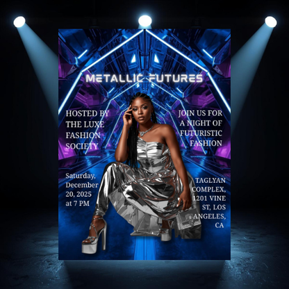 Metallic Futures Flyer Canva Template | Futuristic Fashion Show Flyer | Silver Chrome Event Invitation | Tech Runway Party Flyer | Editable Canva Template