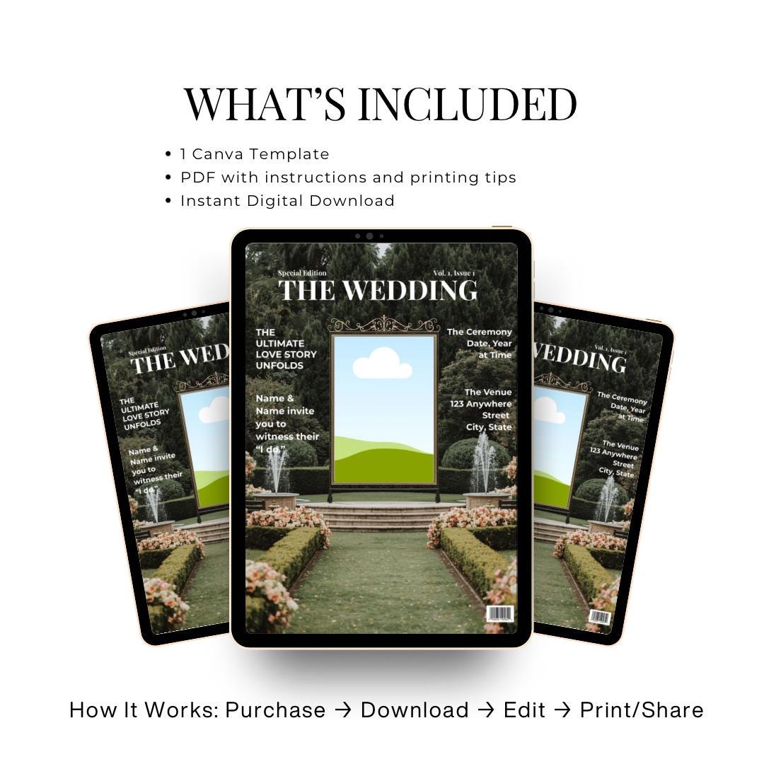 Wedding invitation template bundle preview with three cards and PDF instructions