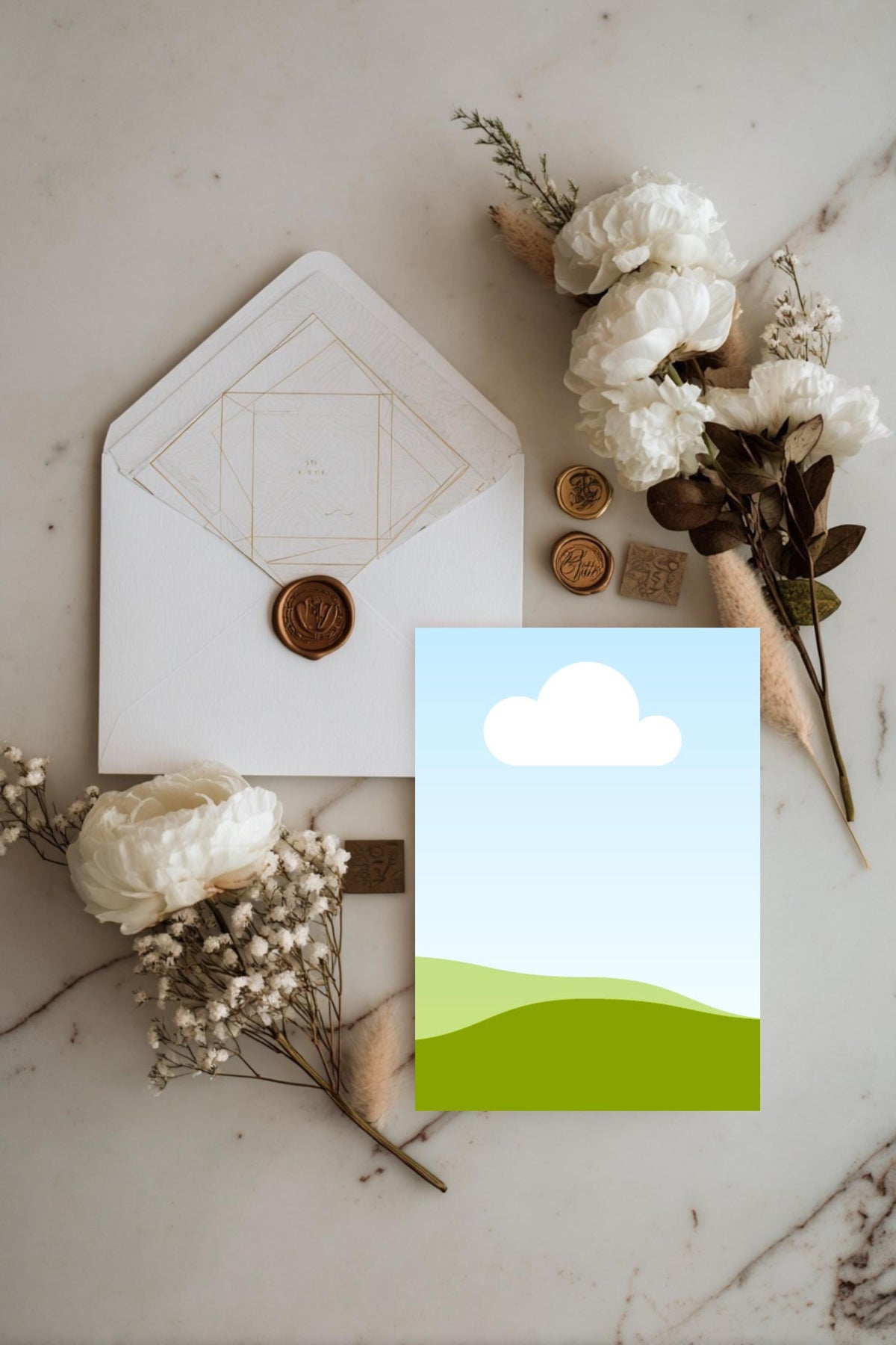 Wedding invitation card mockup with blue-sky landscape and white cloud icon
