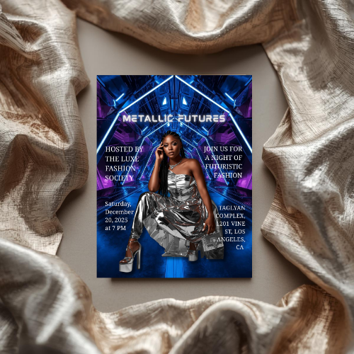 Metallic Futures Flyer Canva Template | Futuristic Fashion Show Flyer | Silver Chrome Event Invitation | Tech Runway Party Flyer | Editable Canva Template