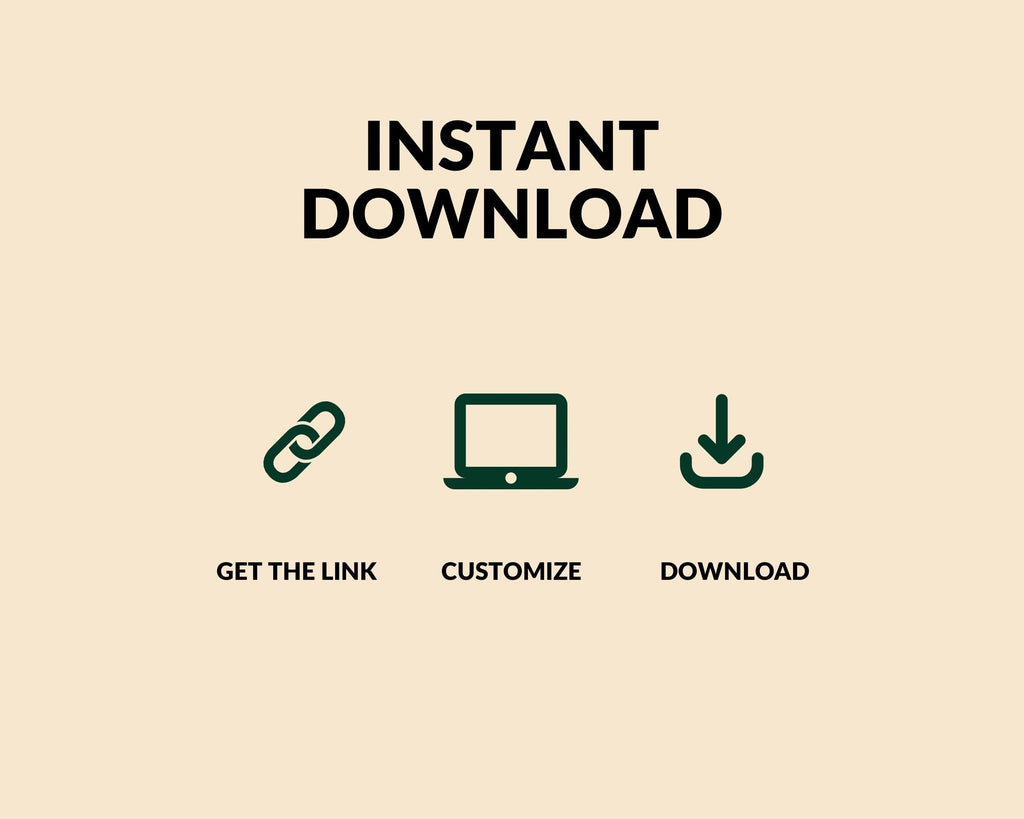 Instant download steps graphic with Get the link, Customize, and Download icons