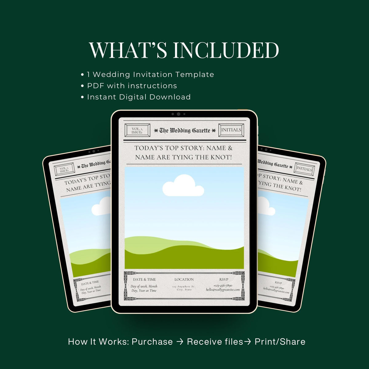 Wedding invitation template preview set with three newspaper-style card designs