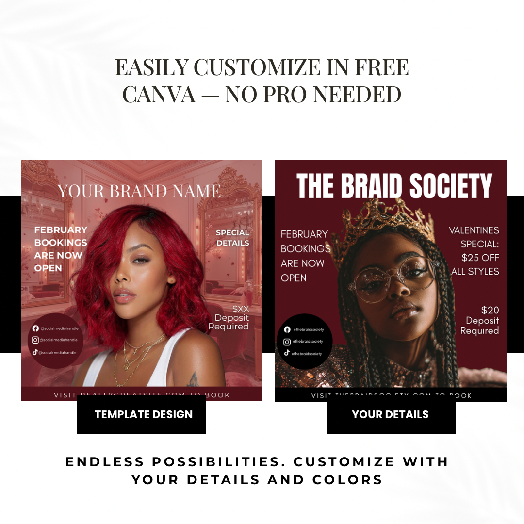 February Bookings Instagram Post | Valentine's Day Hair Stylist Flyer Template | Hair Salon Marketing | Editable Canva Template