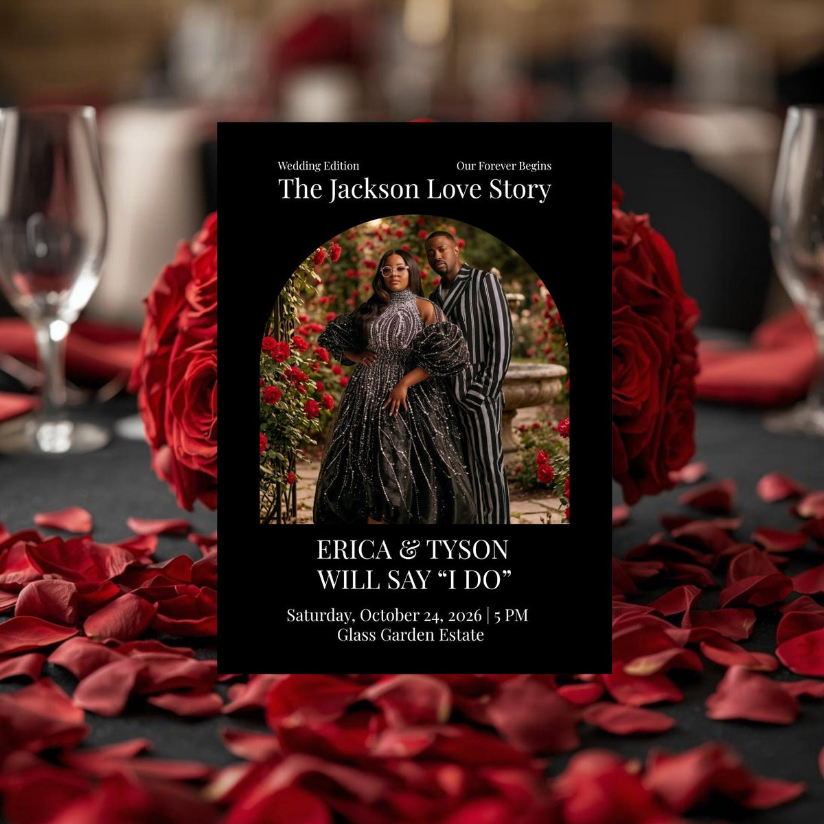 Wedding invitation card with couple photo, rose arch, and event details text