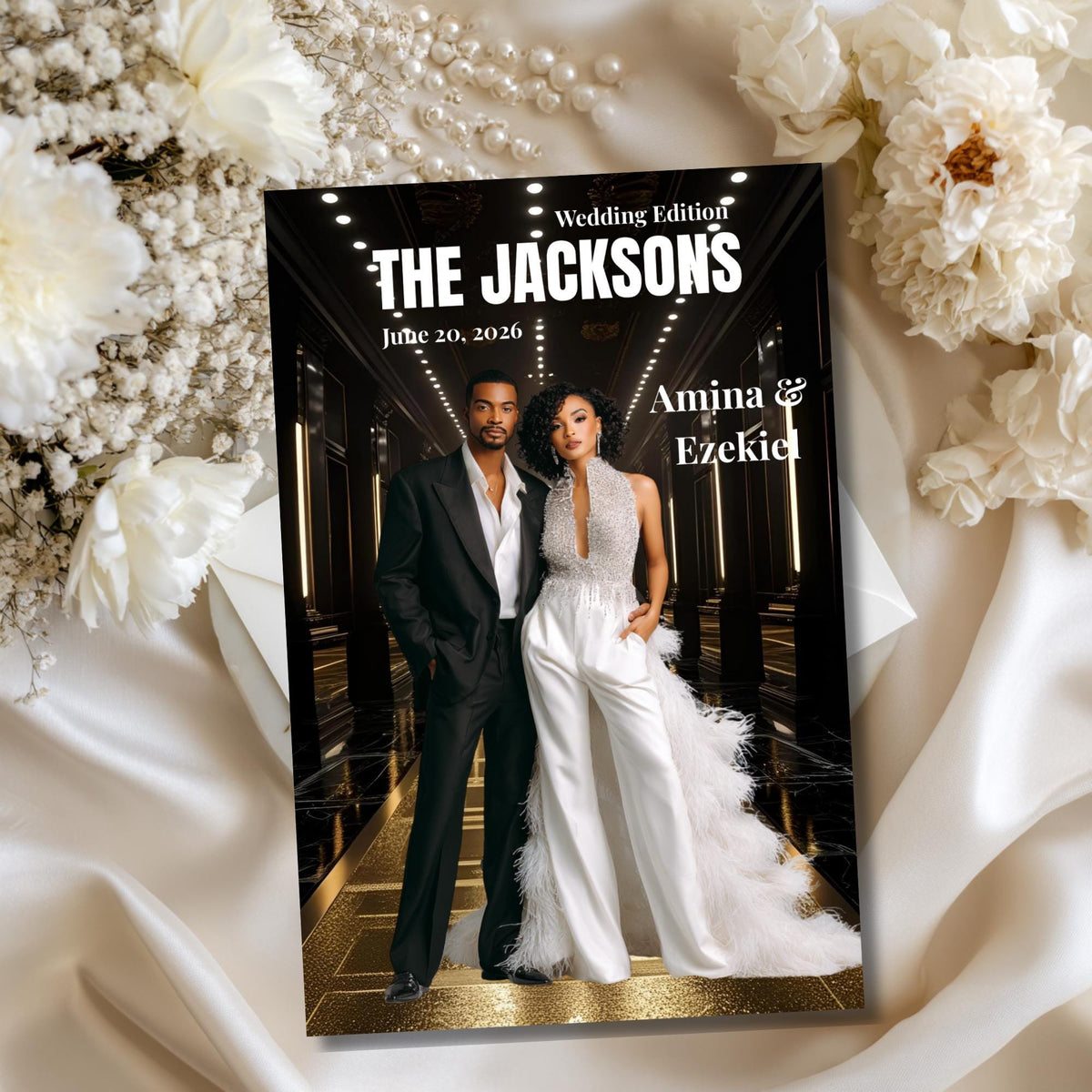 Black and gold wedding program cover card with couple photo and bridal party details