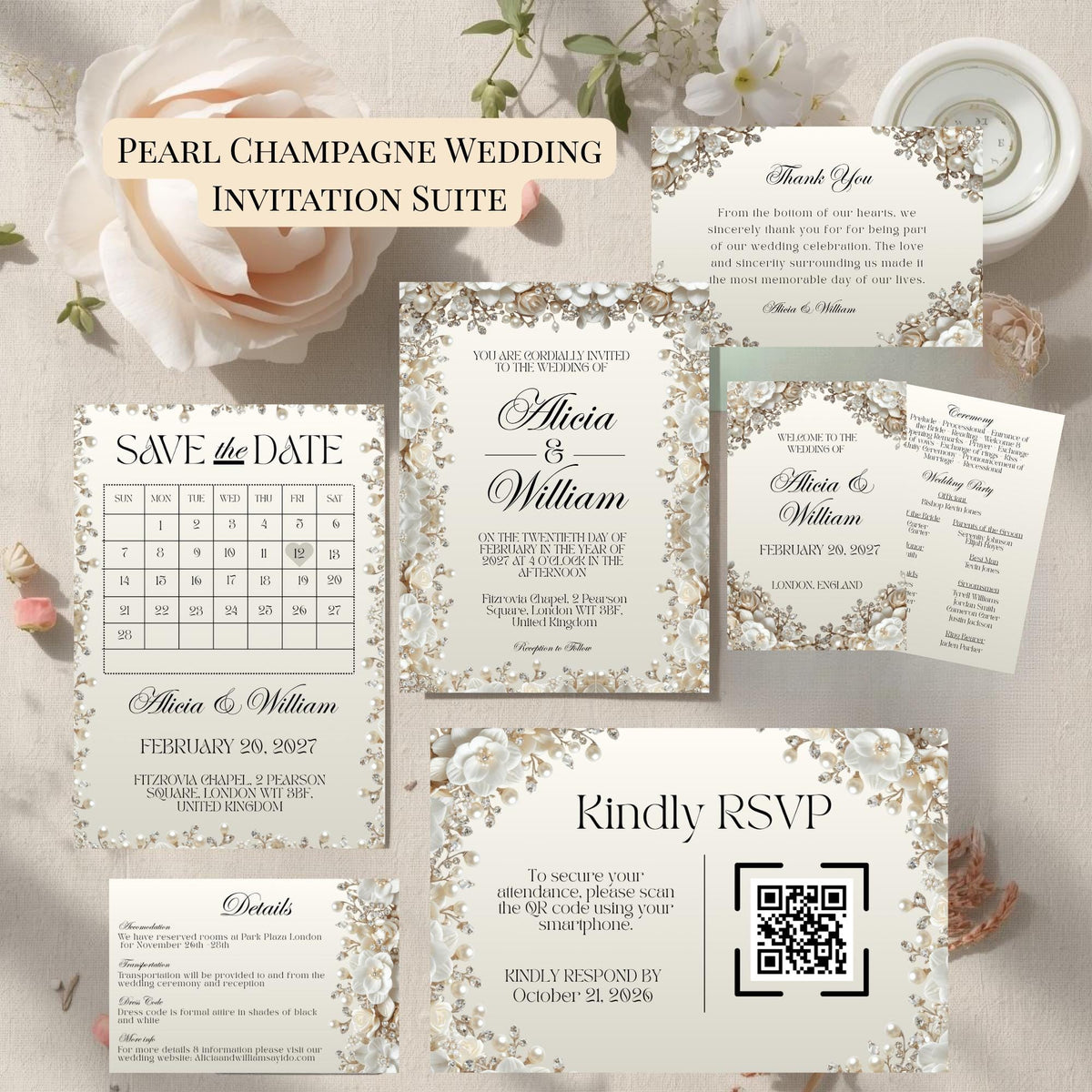 Wedding invitation suite template set with floral gold border and RSVP QR card