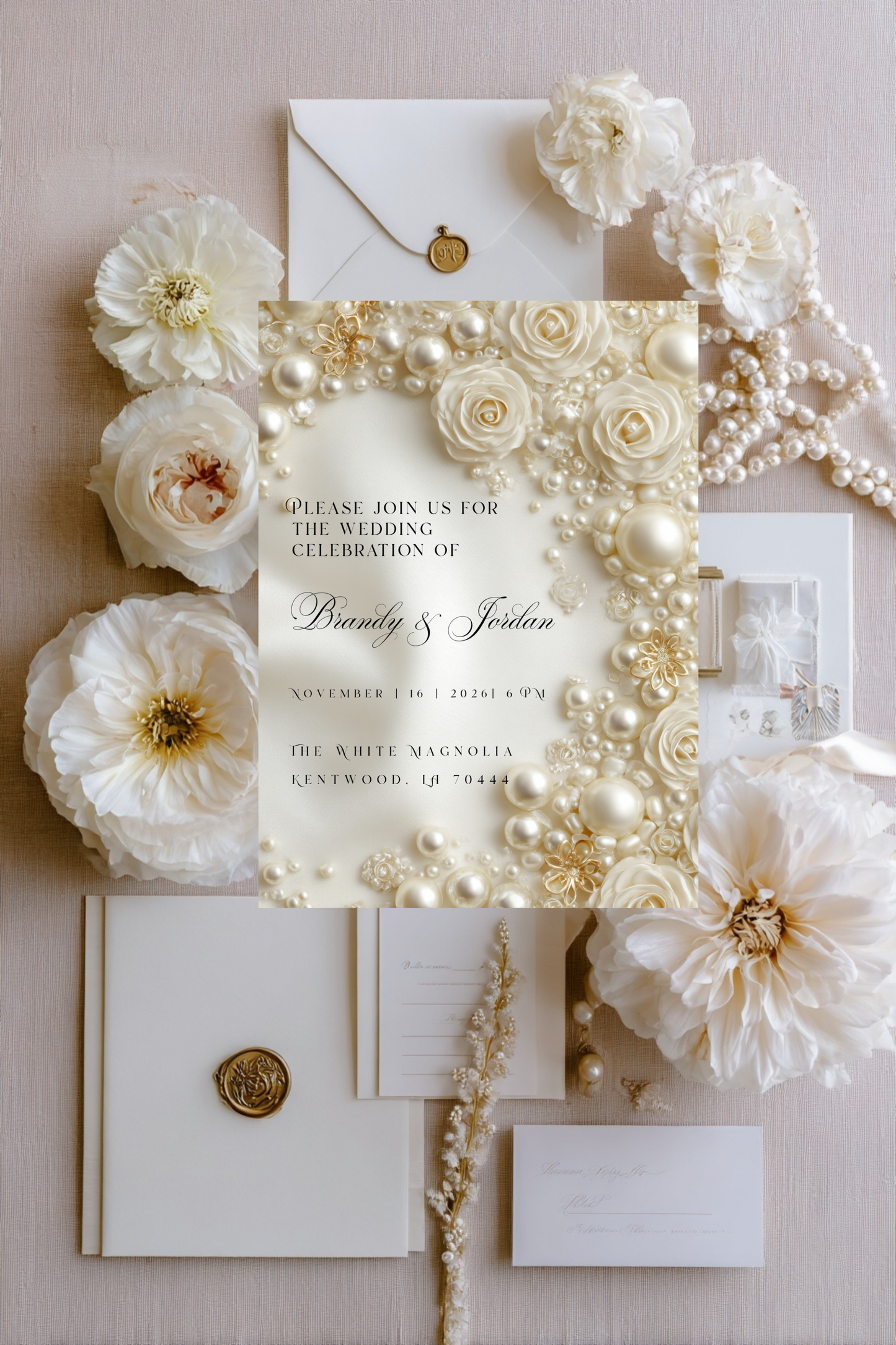 Floral Pearl Wedding Invitation Template | Luxury Glamorous Bridal Invite | Editable Canva Stationery