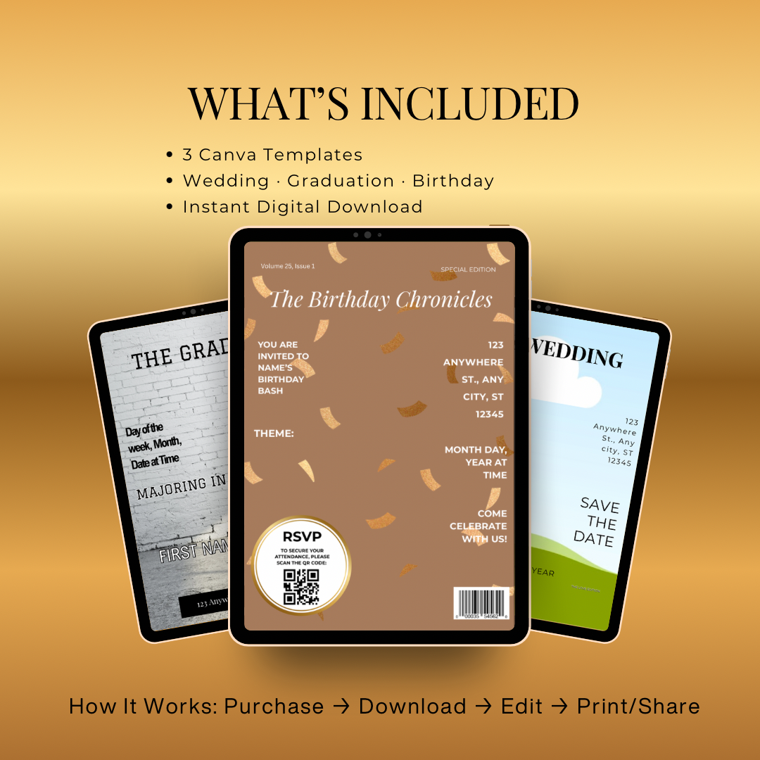 Cover Story Invites Bundle | Wedding, Graduation & Birthday Canva Templates