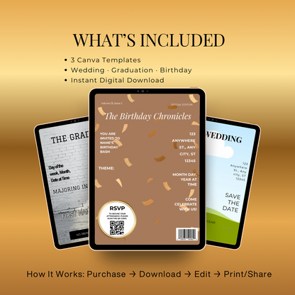 Cover Story Invites Bundle | Wedding, Graduation & Birthday Canva Templates