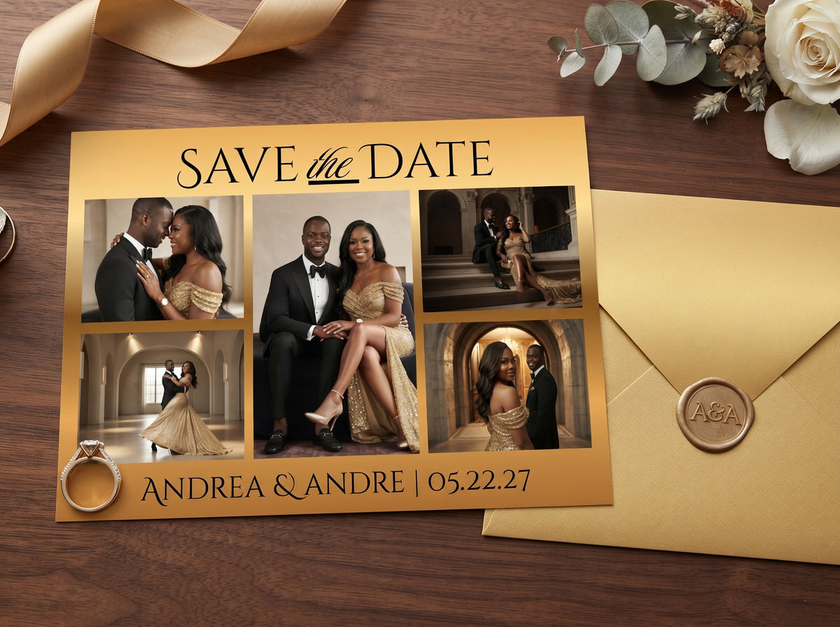 Gold-toned Save the Date photo card with photo collage grid and names/date