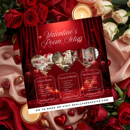 Valentine’s Room Setup Canva Template | Velvet Hearts Romantic Hotel Flyer | Luxury Valentine’s Room Decor Promo | Editable Canva Design