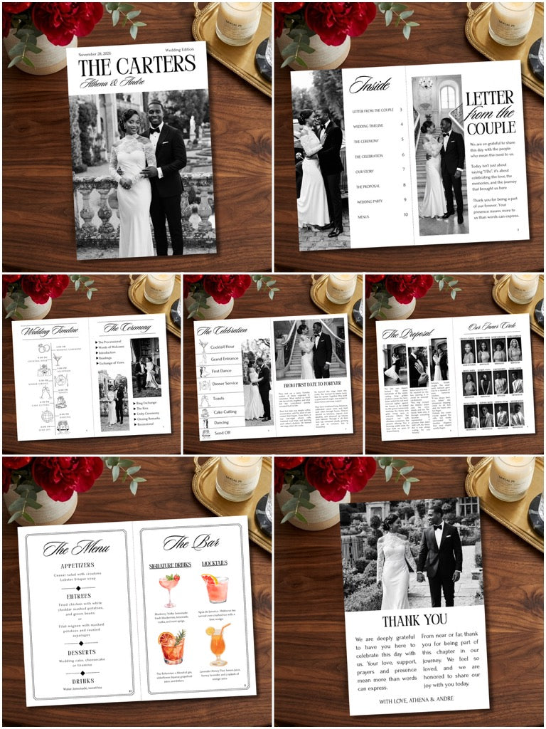 Editable wedding magazine program page layouts collage with black-and-white photo sections