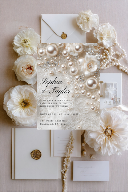 Romantic Pearl Wedding Invitation | Whimsical Elegant Wedding Template | Canva Editable Invite