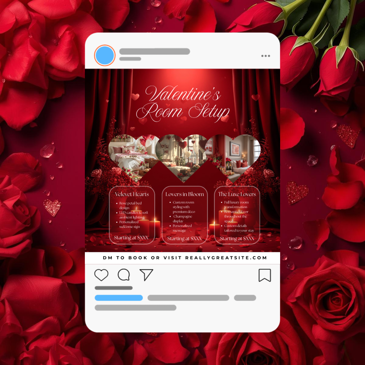 Valentine’s Room Setup Canva Template | Velvet Hearts Romantic Hotel Flyer | Luxury Valentine’s Room Decor Promo | Editable Canva Design