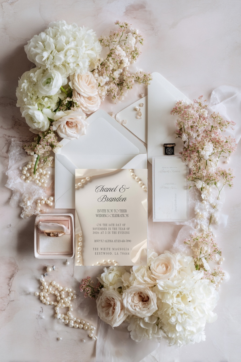 Minimal Pearl Wedding Invitation Template | Modern Elegant Bridal Suite | Editable Canva Invitation