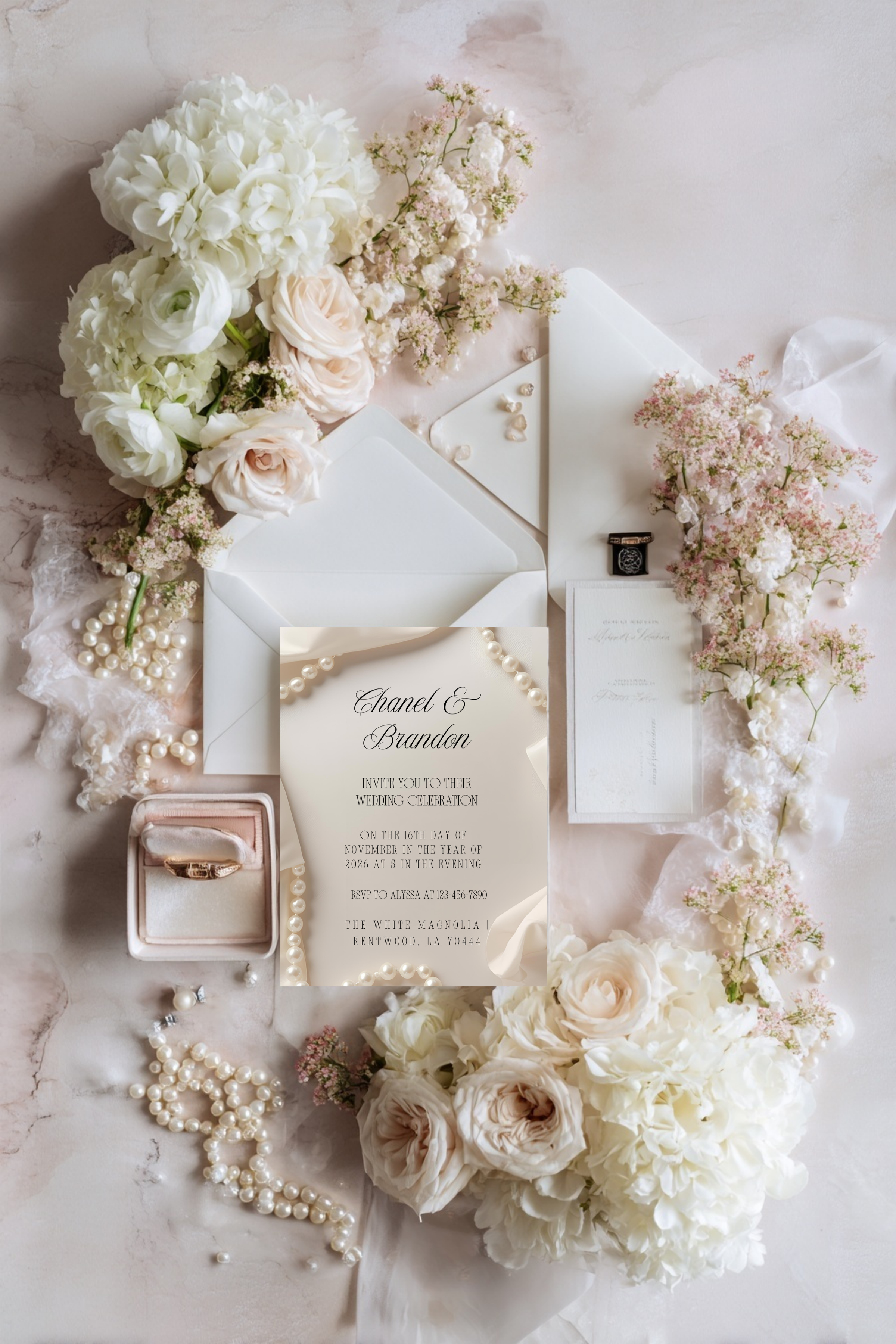 Minimal Pearl Wedding Invitation Template | Modern Elegant Bridal Suite | Editable Canva Invitation