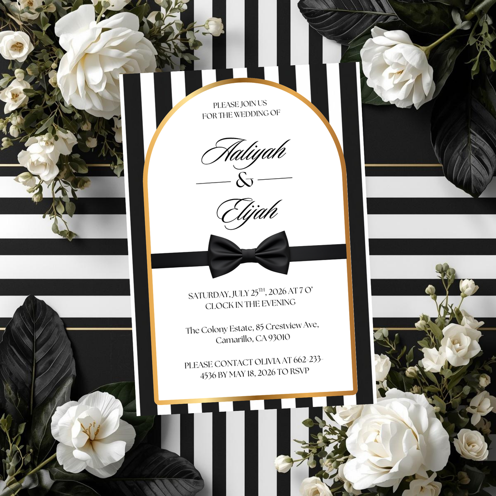 Black Tie Wedding Invitation | Editable Canva Template | Striped black and white