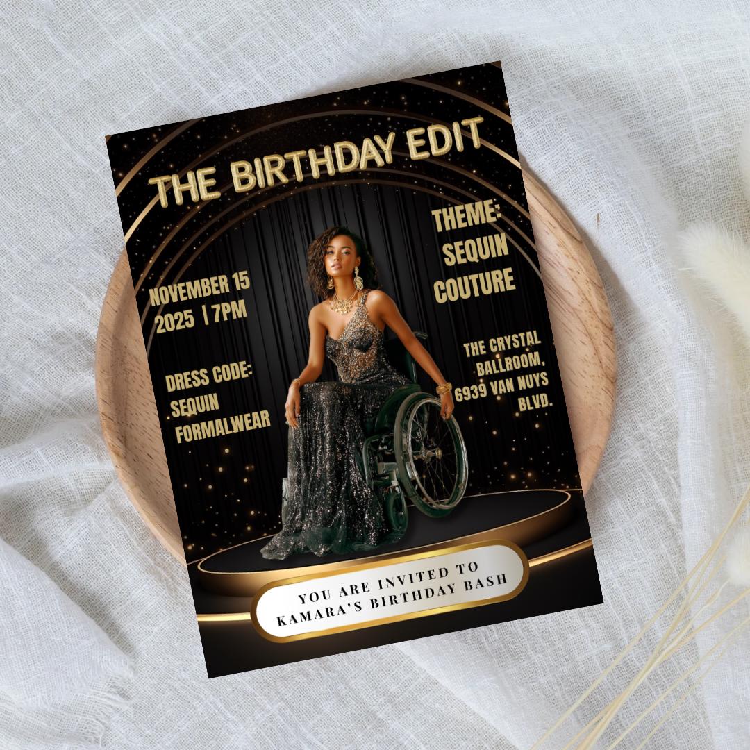 Black & Gold Magazine Birthday Invitation | Glam Party, Sequin Couture (Editable Canva Template)